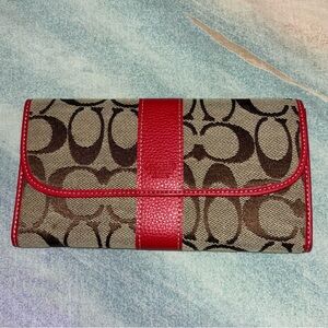 Coach Signature Khaki Mahogany Wallet Checkbook Clutch Maroon Red Berry